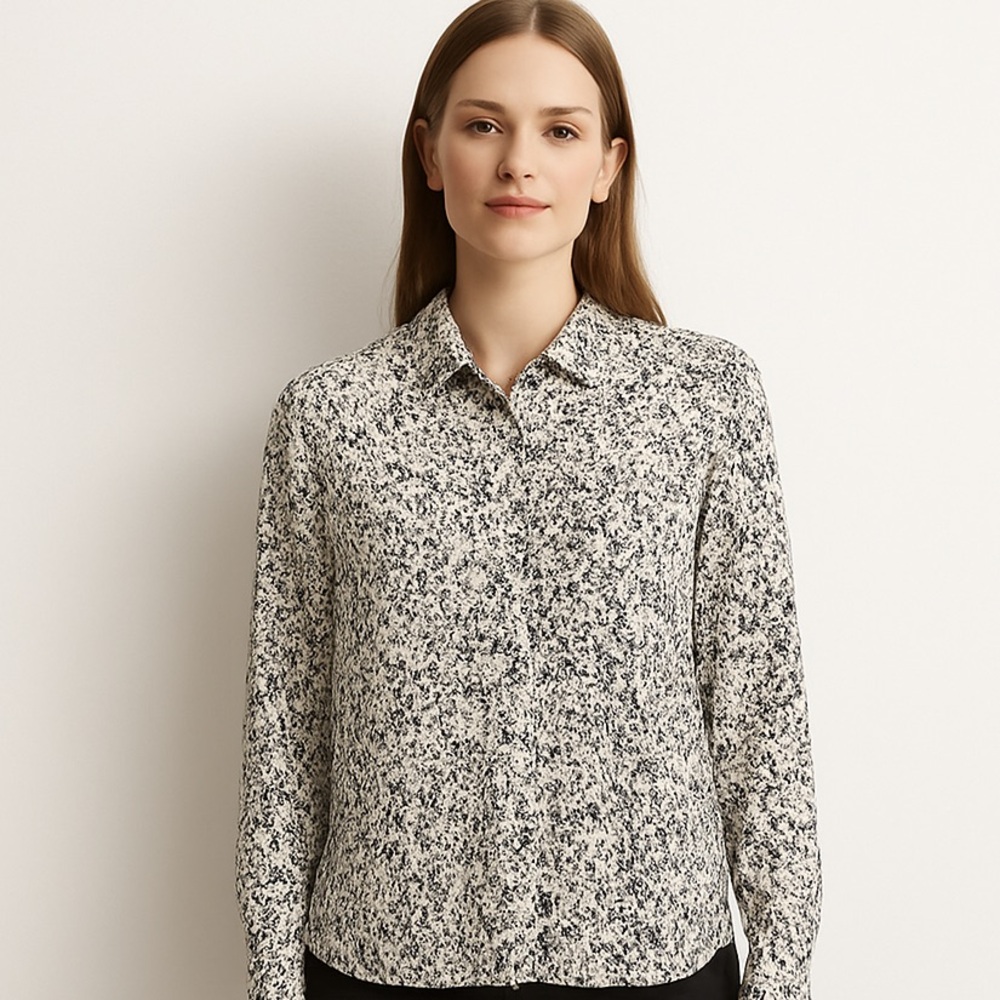 H&M Women’s Black & White Abstract Print Zipper Button-Up Business Blouse Size 8